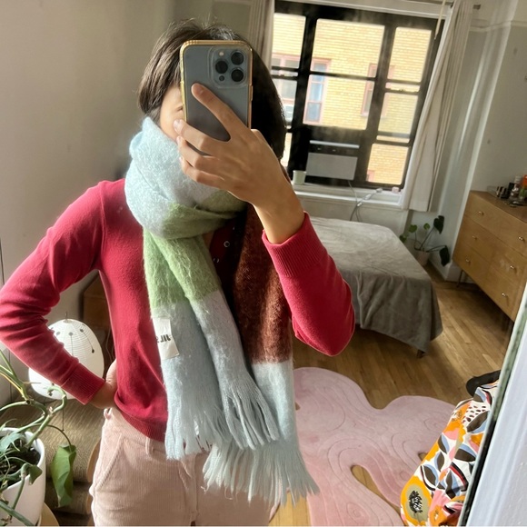 JIL SANDER Color Block Green Tan Blue Mohair Wool Warm Scarf - Picture 7 of 8